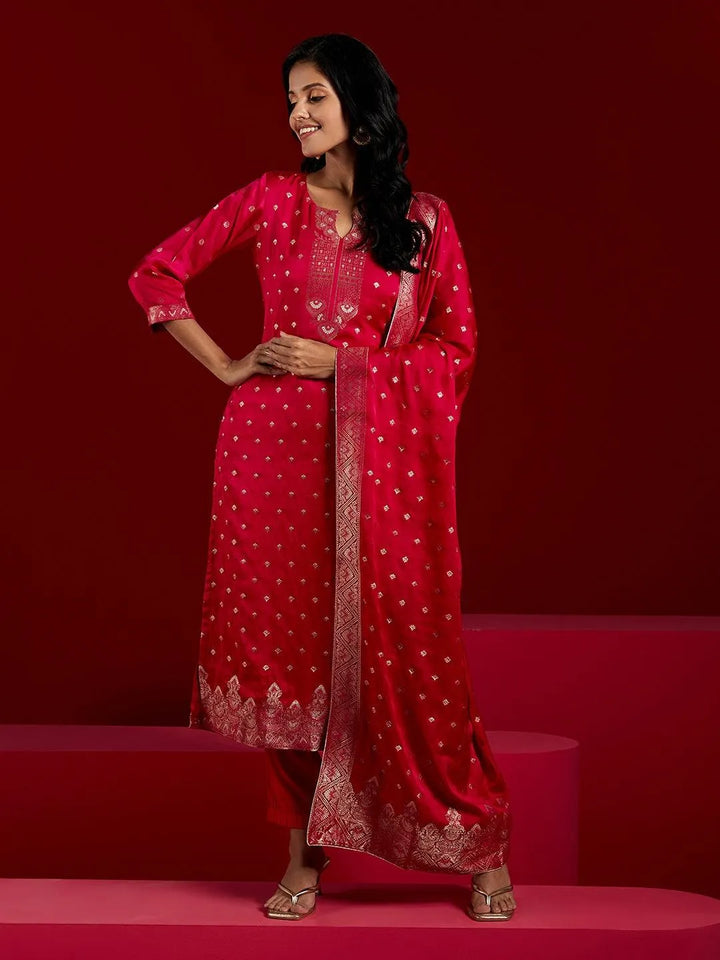 Libas Art Pink Woven Design Silk Straight Kurta With Trousers & Dupatta - Libas