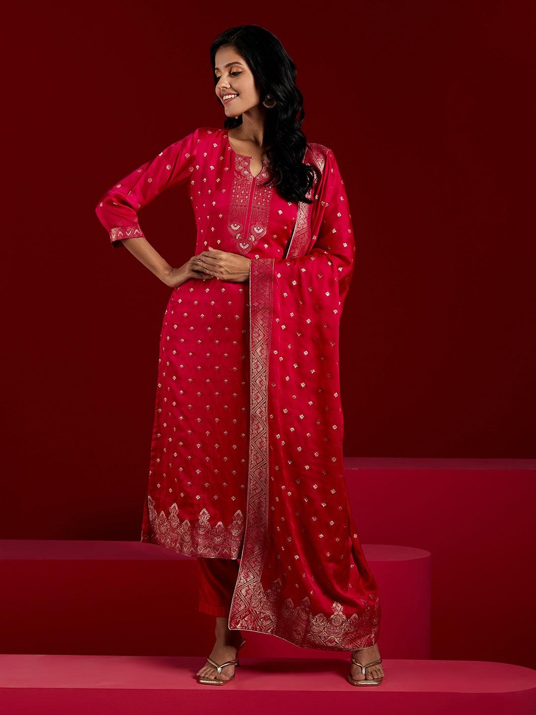 Libas Art Pink Woven Design Silk Straight Kurta With Trousers & Dupatta - Libas