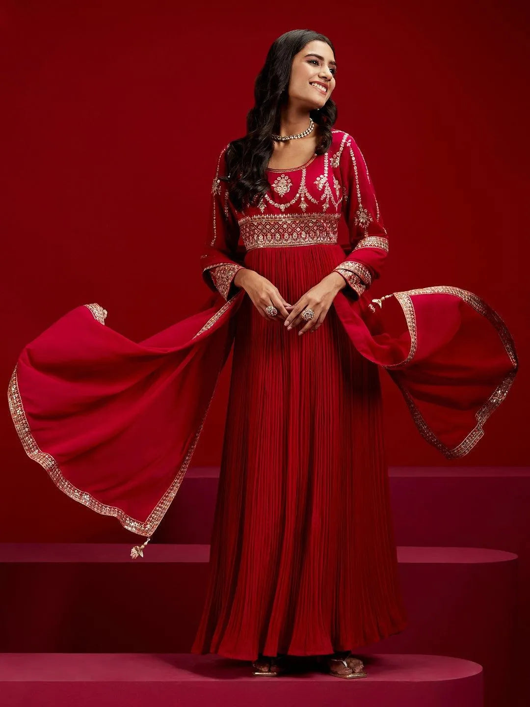 Libas Art Pink Yoke Design Georgette A-Line Kurta With Trousers & Dupatta - Libas 