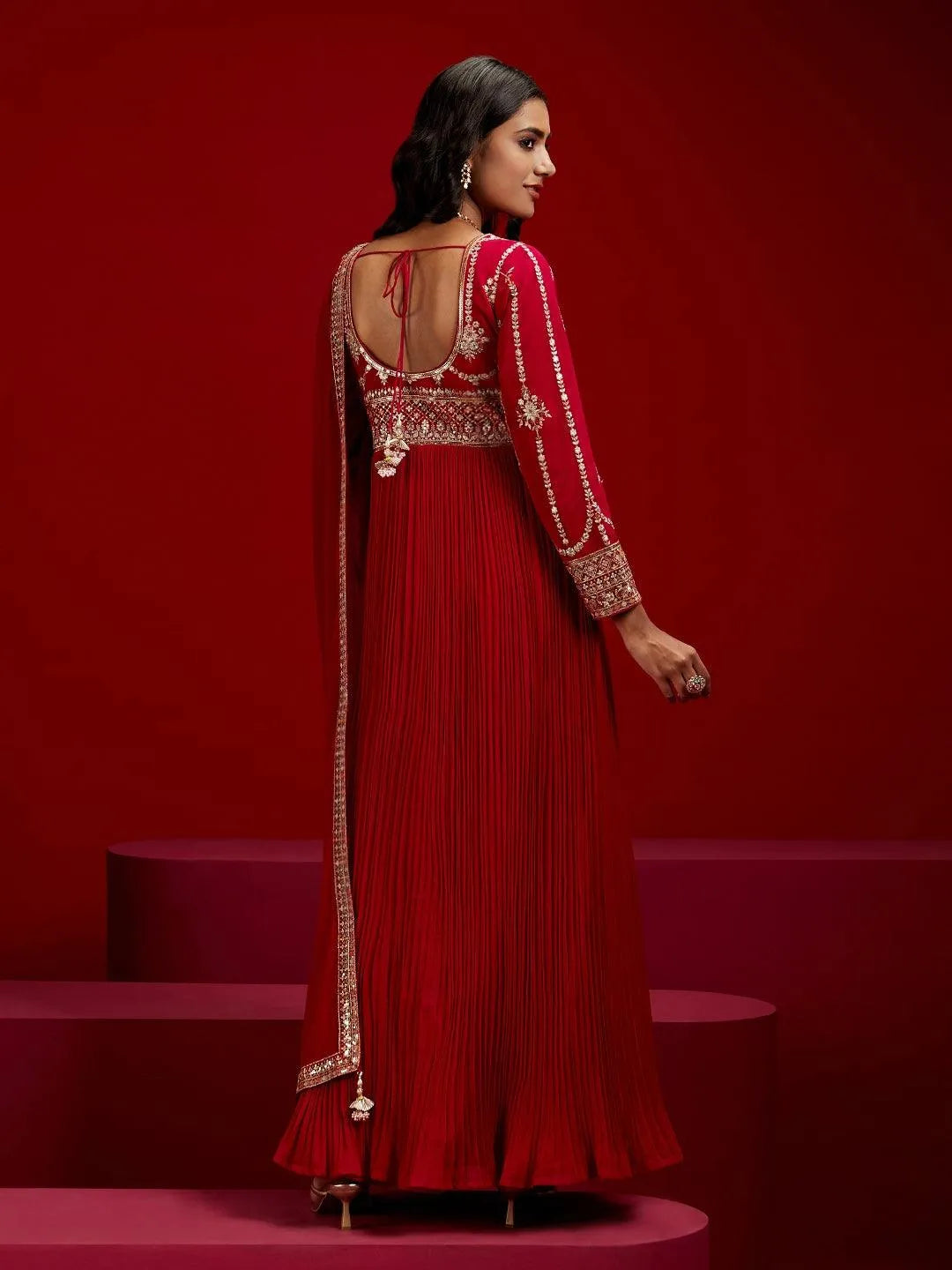 Libas Art Pink Yoke Design Georgette A-Line Kurta With Trousers & Dupatta - Libas 