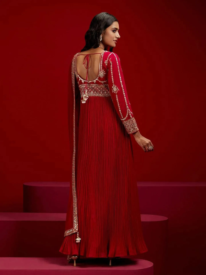 Libas Art Pink Yoke Design Georgette A-Line Kurta With Trousers & Dupatta - Libas