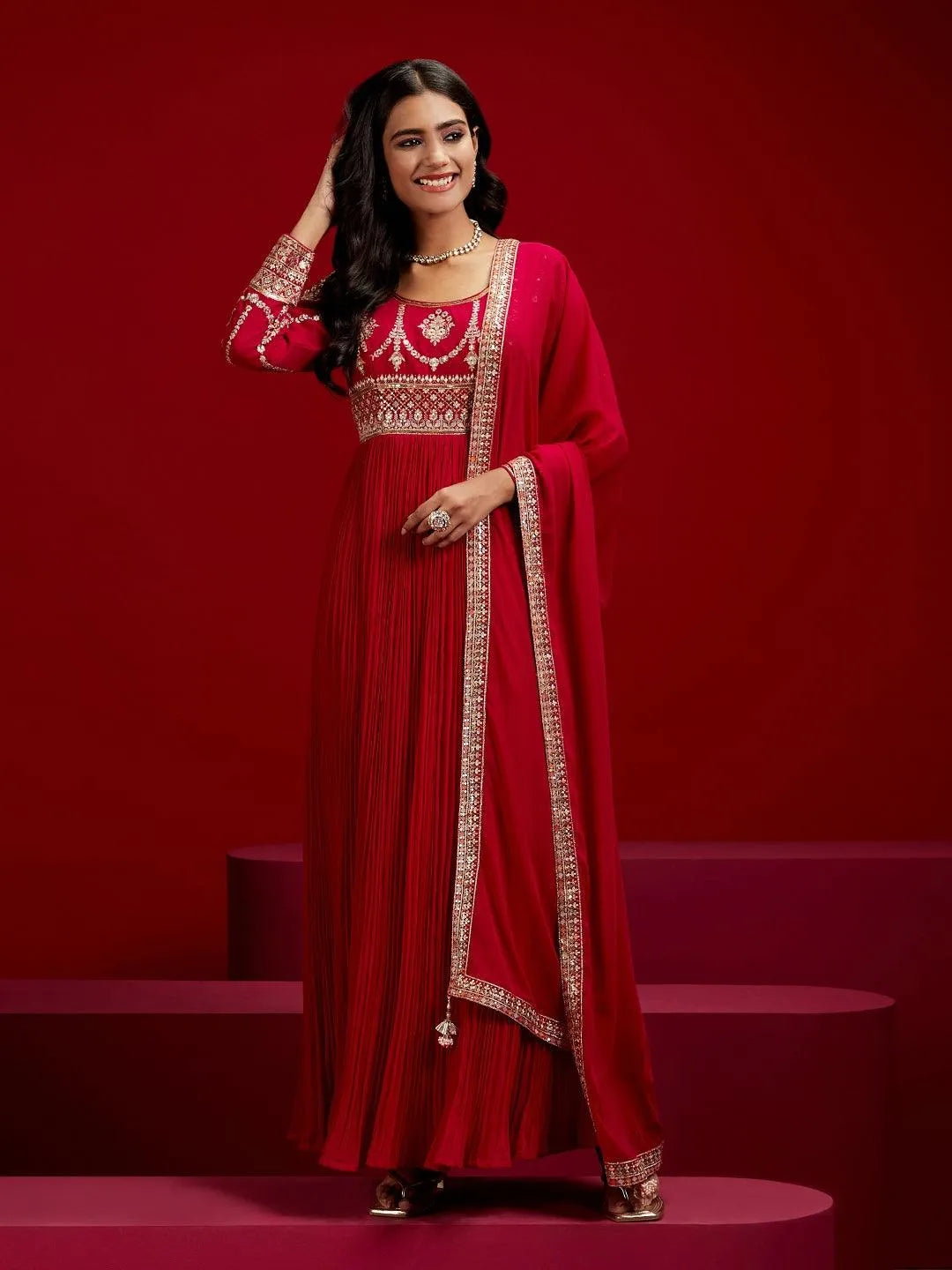 Libas Art Pink Yoke Design Georgette A-Line Kurta With Trousers & Dupatta - Libas 