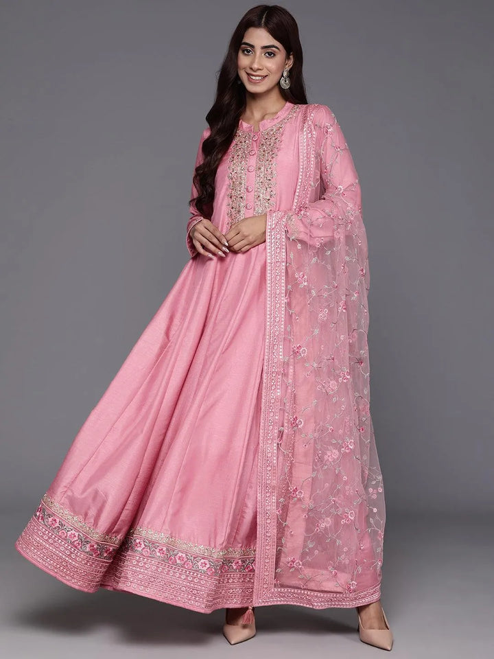 Libas Art Pink Yoke Design Silk Anarkali Kurta With Trousers & Dupatta - Libas