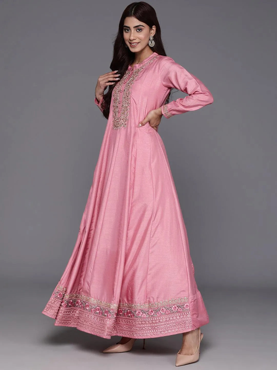 Libas Art Pink Yoke Design Silk Anarkali Kurta With Trousers & Dupatta - Libas 