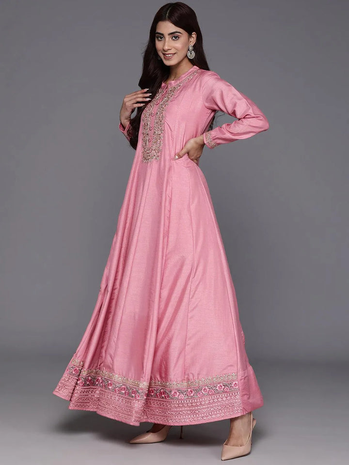 Libas Art Pink Yoke Design Silk Anarkali Kurta With Trousers & Dupatta - Libas