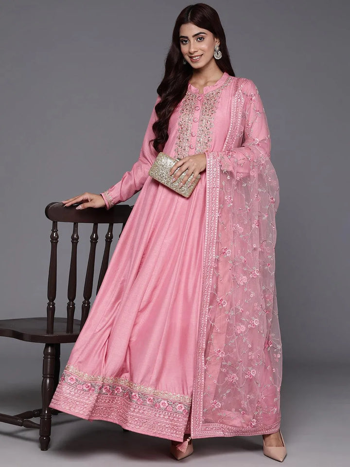 Libas Art Pink Yoke Design Silk Anarkali Kurta With Trousers & Dupatta - Libas