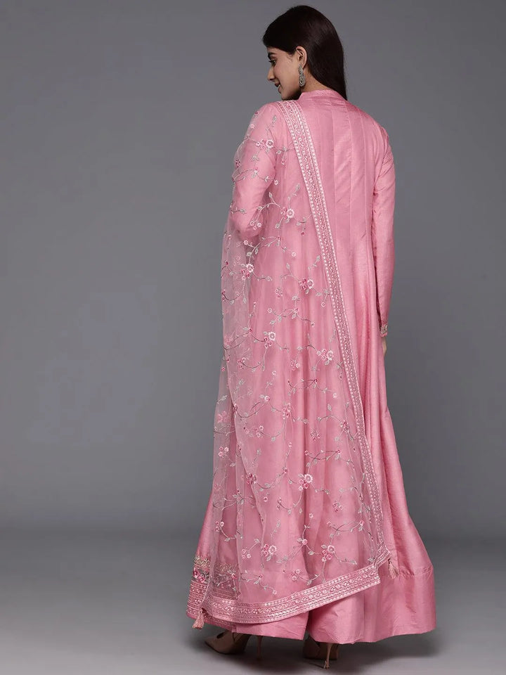 Libas Art Pink Yoke Design Silk Anarkali Kurta With Trousers & Dupatta - Libas