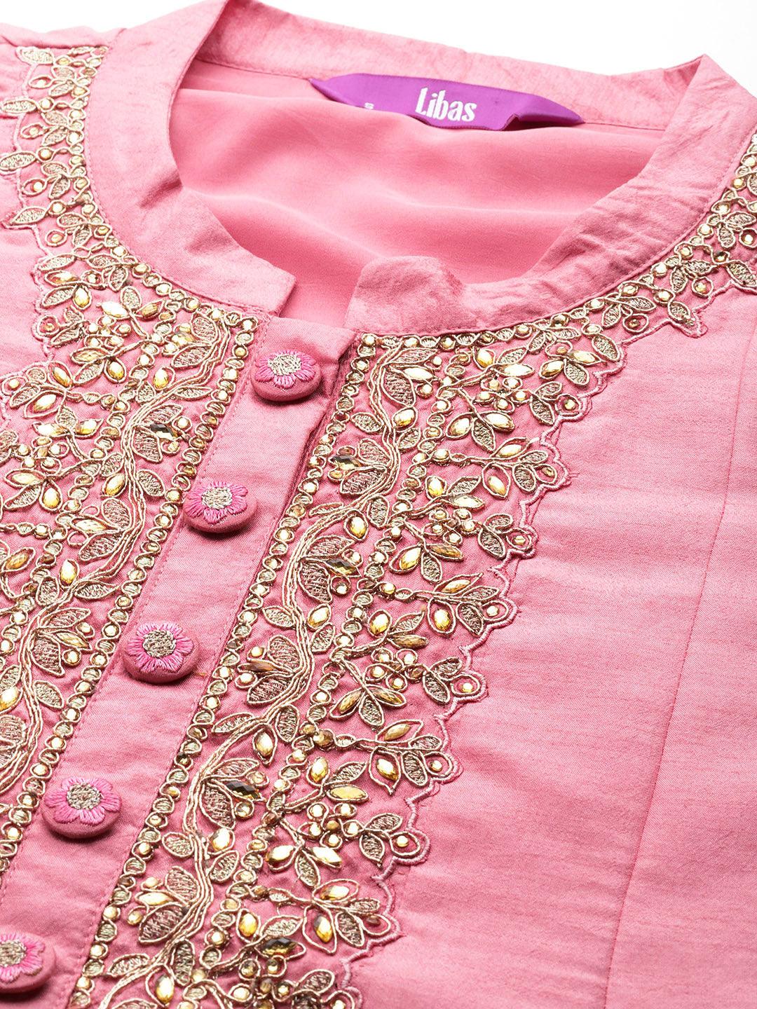 Libas Art Pink Yoke Design Silk Anarkali Kurta With Trousers & Dupatta - Libas