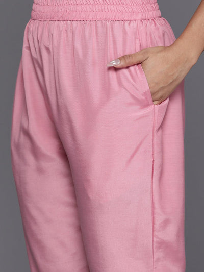 Libas Art Pink Yoke Design Silk Anarkali Kurta With Trousers & Dupatta - Libas