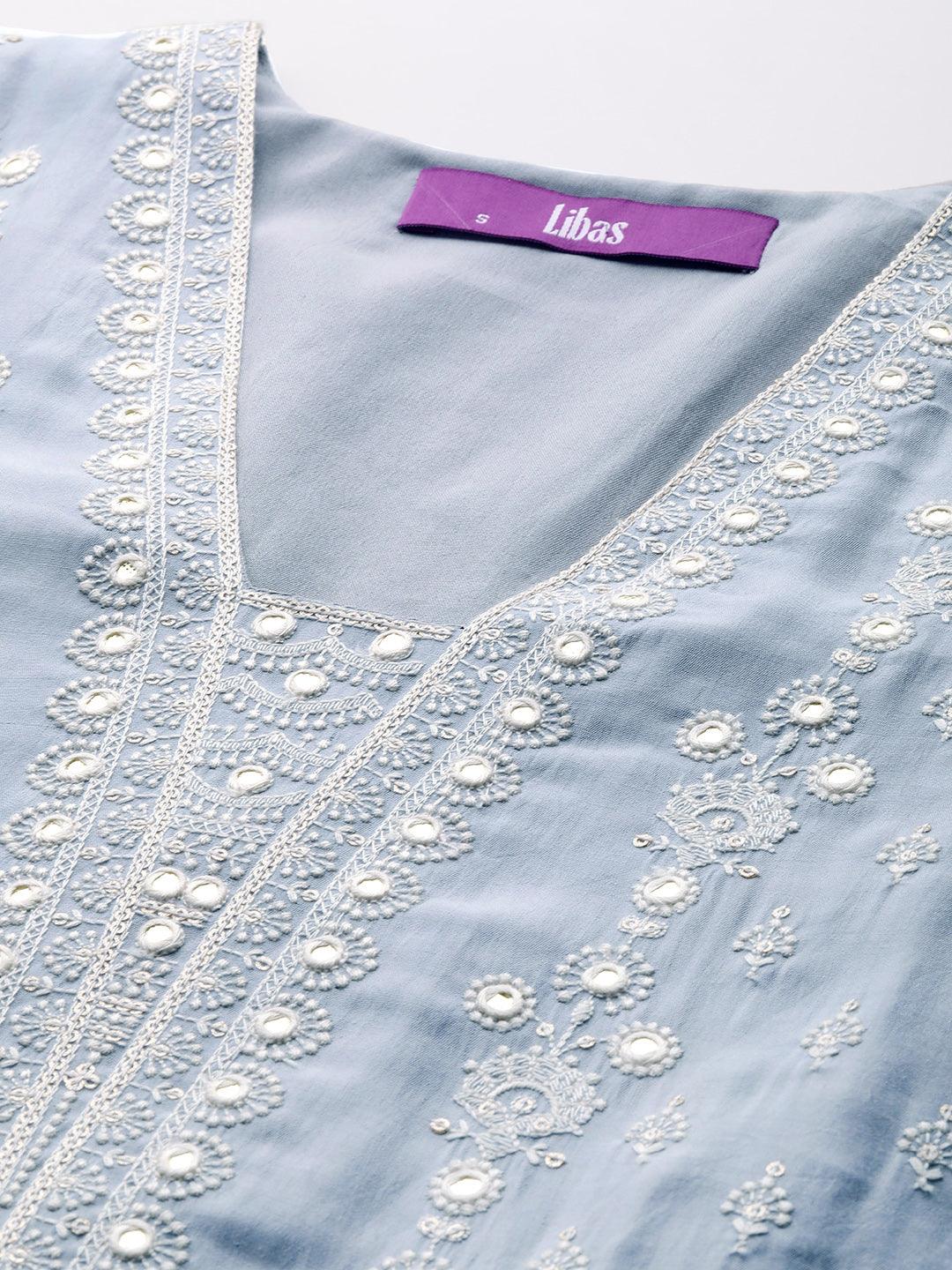 Libas Art Powder Blue Embroidered Silk Blend A-Line Kurta With Trousers & Dupatta