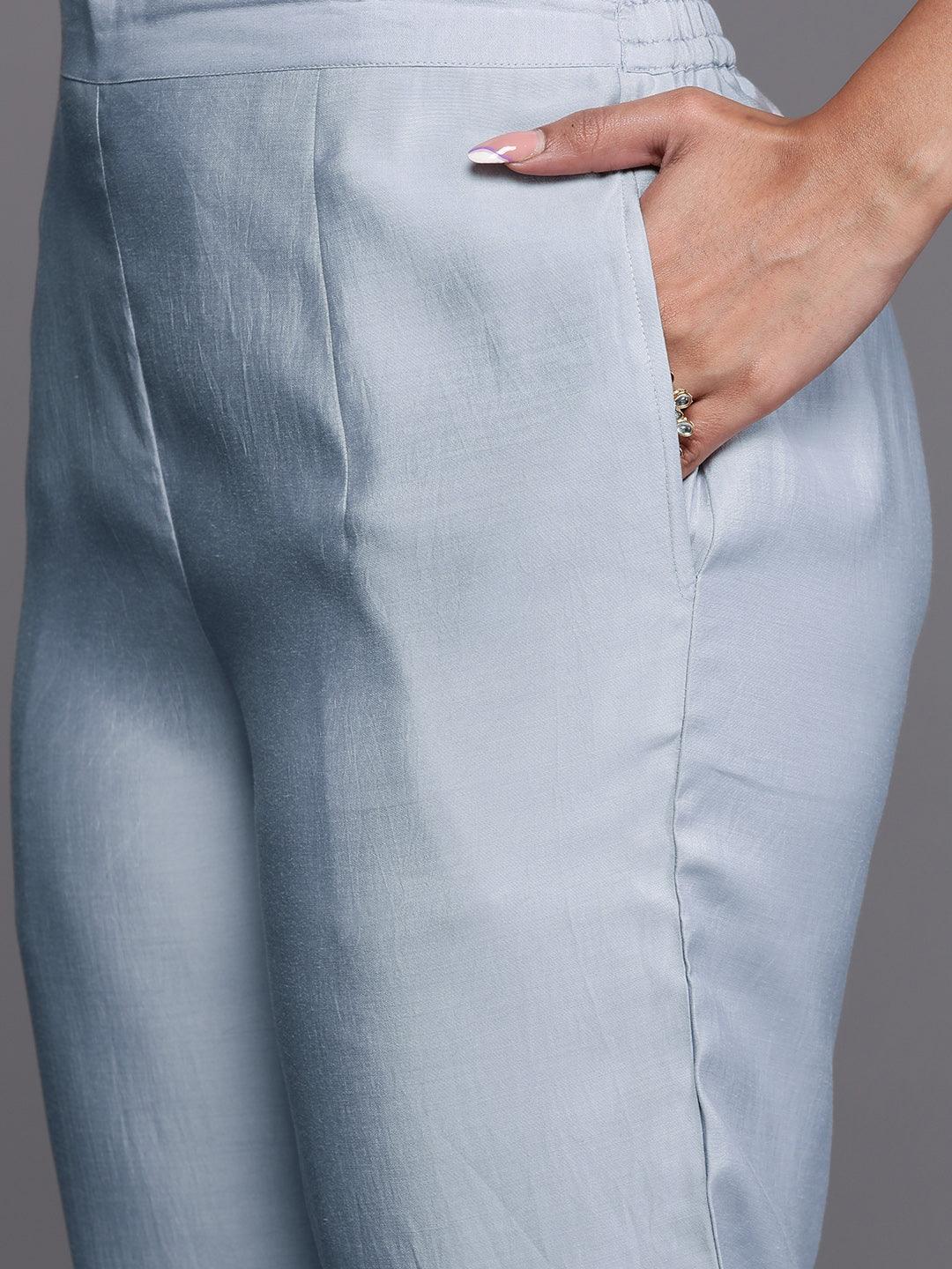 Libas Art Powder Blue Embroidered Silk Blend A-Line Kurta With Trousers & Dupatta - Libas
