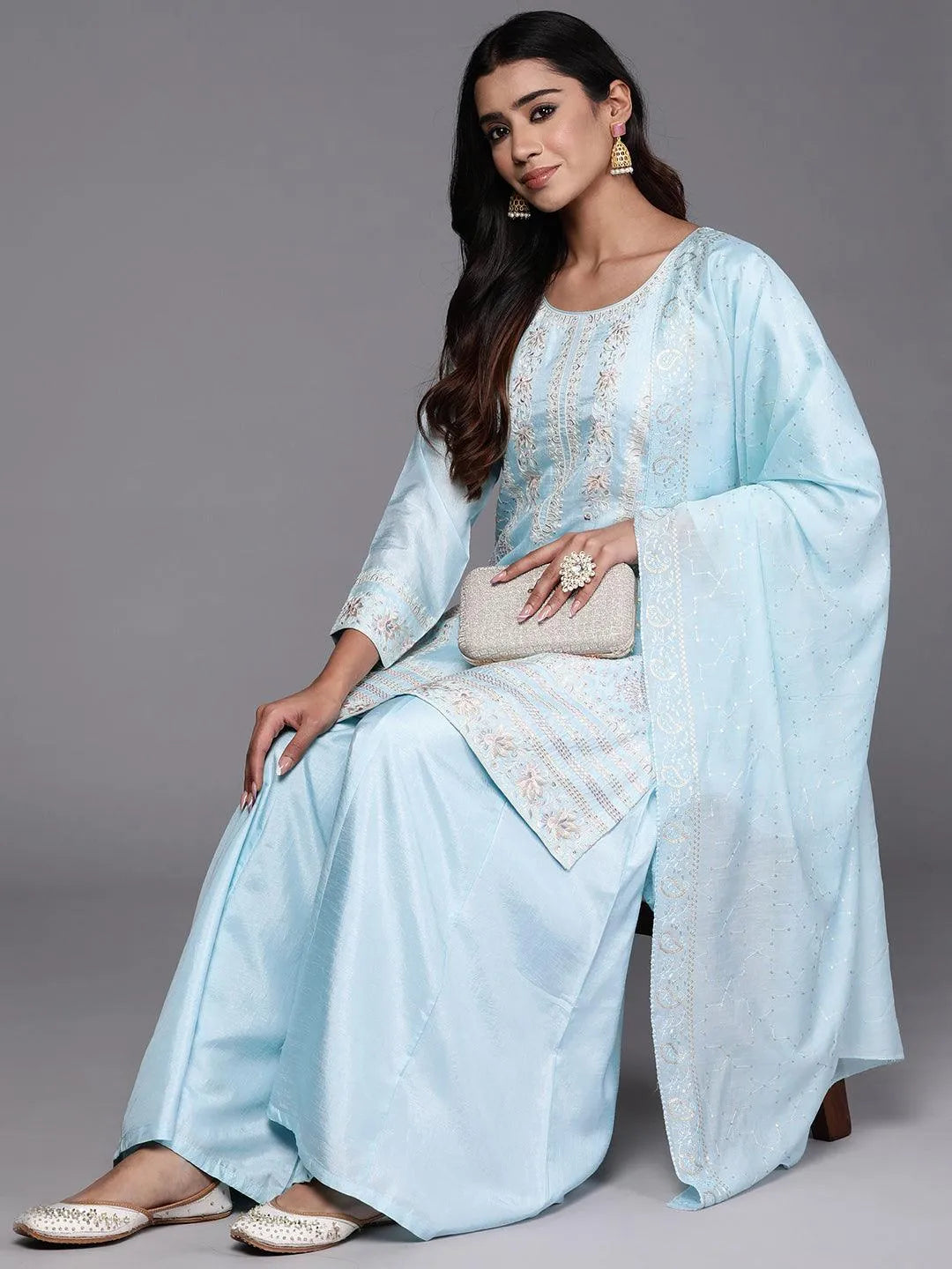 Buy Libas Art Blue Embroidered Silk Blend Straight Suit With Dupatta ...