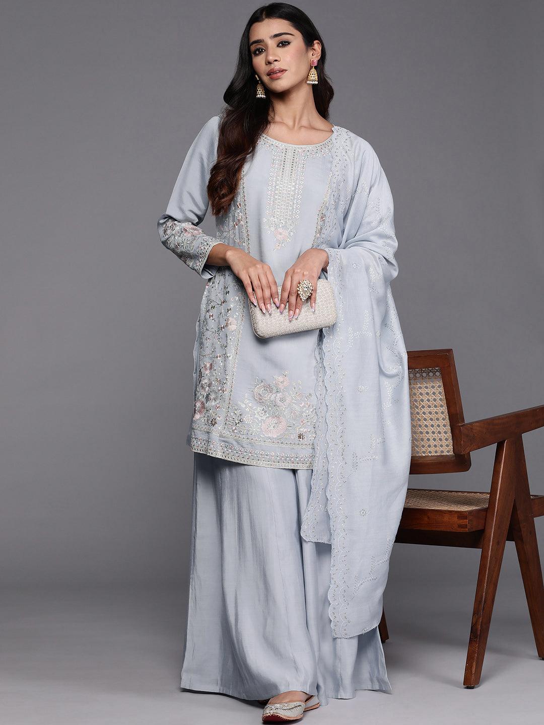 Libas Art Blue Embroidered Silk Blend Straight Suit With Dupatta