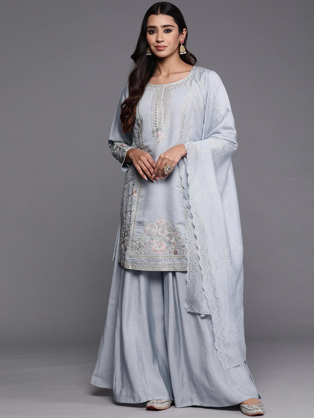 Libas Art Blue Embroidered Silk Blend Straight Suit With Dupatta