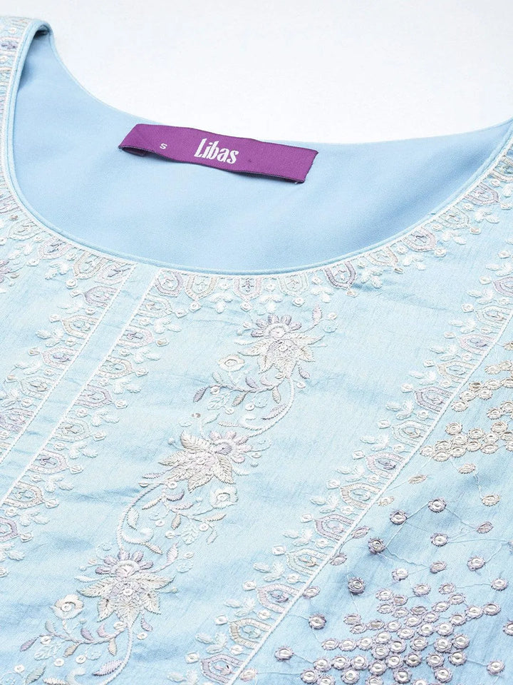 Libas Art Powder Blue Embroidered Silk Blend Straight Kurta With Palazzos & Dupatta - Libas