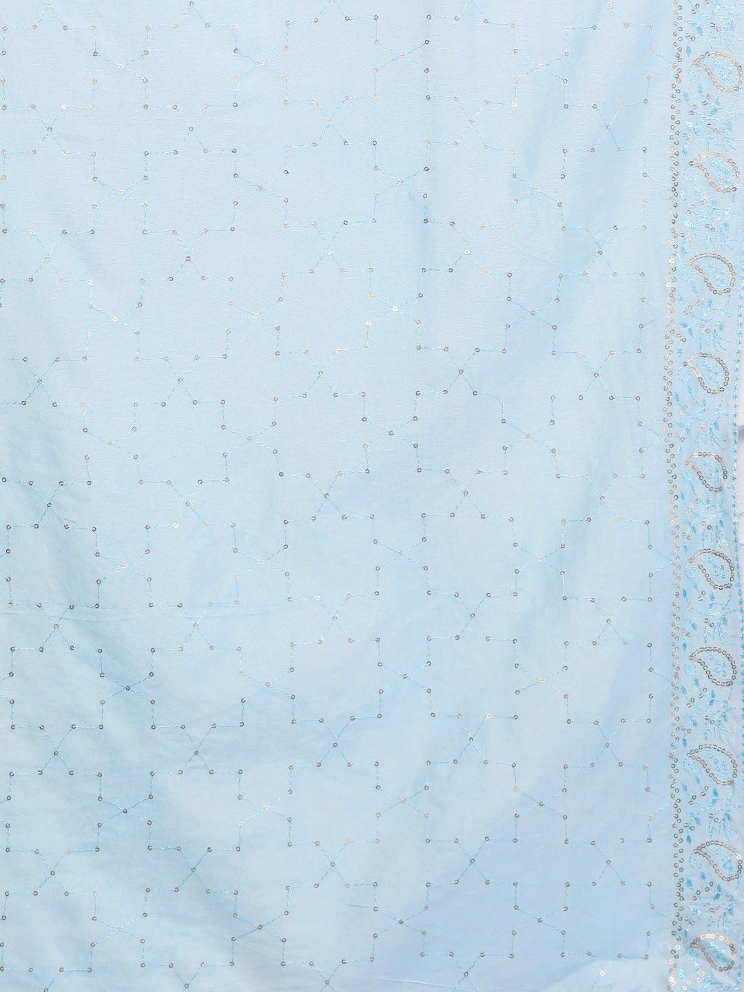 Libas Art Powder Blue Embroidered Silk Blend Straight Kurta With Palazzos & Dupatta - Libas