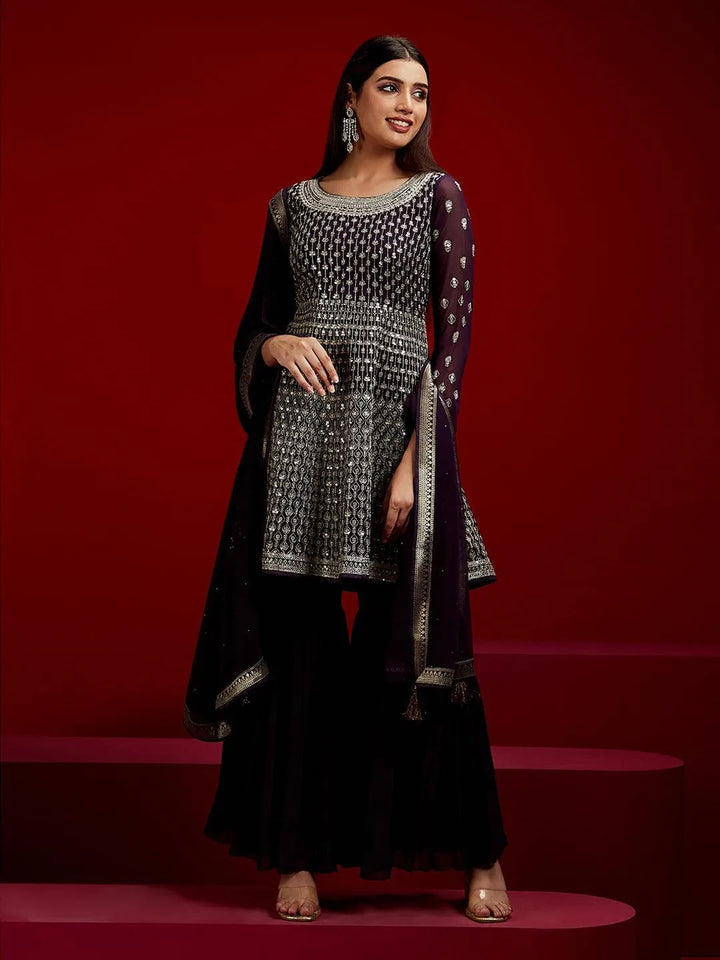 Libas Art Purple Embroidered Georgette A-Line Kurta With Sharara & Dupatta - Libas