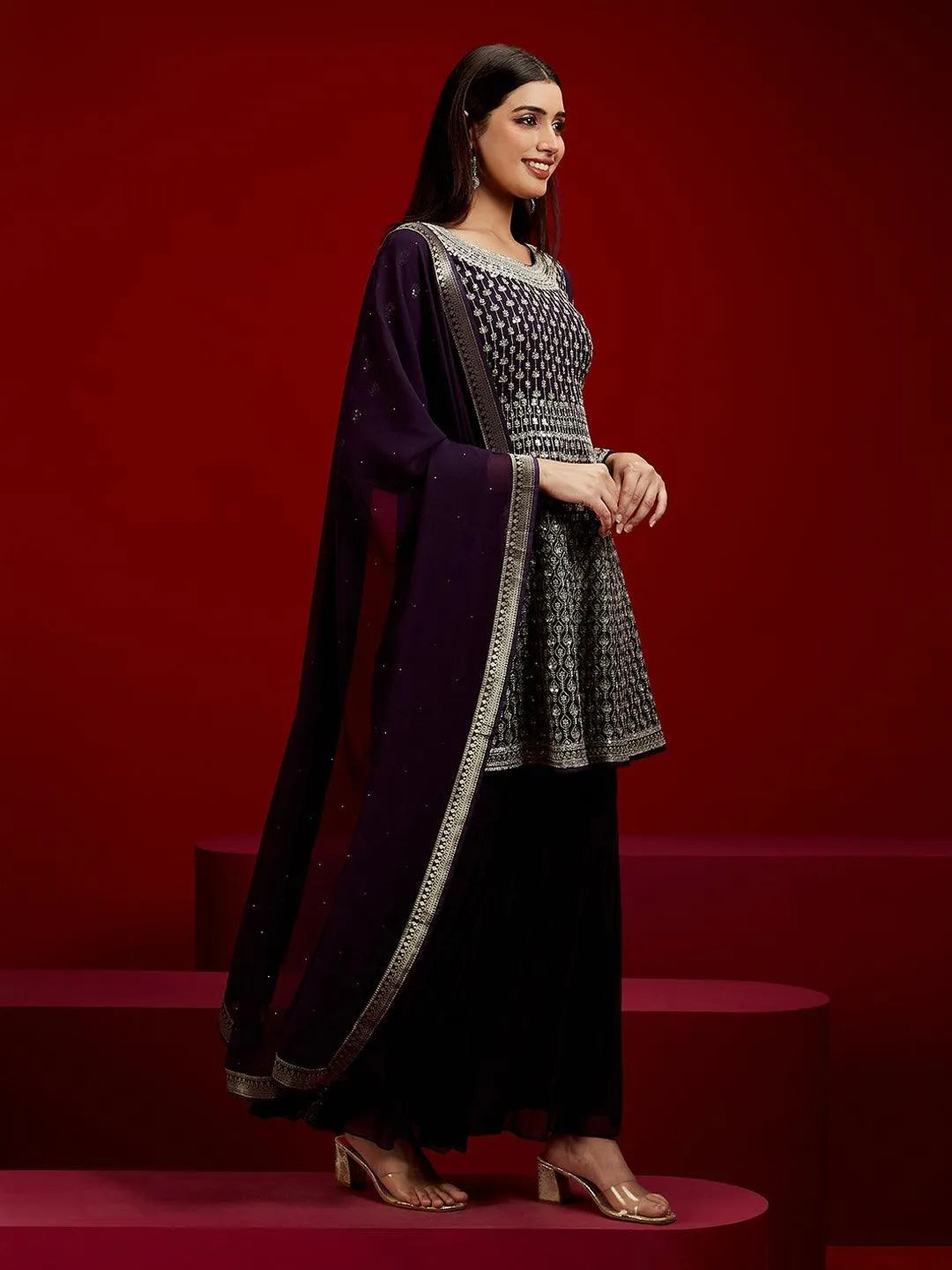 Libas Art Purple Embroidered Georgette A-Line Kurta With Sharara & Dupatta - Libas 