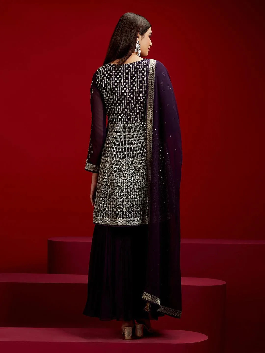 Libas Art Purple Embroidered Georgette A-Line Kurta With Sharara & Dupatta - Libas 