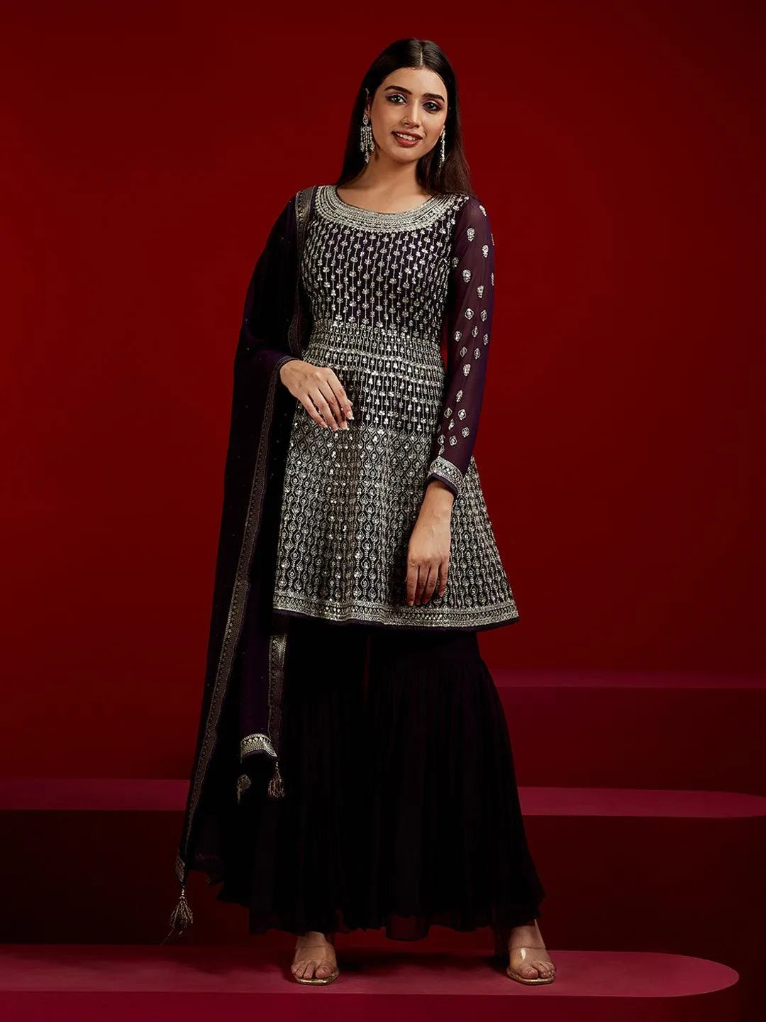 Libas Art Purple Embroidered Georgette A-Line Kurta With Sharara & Dupatta - Libas 