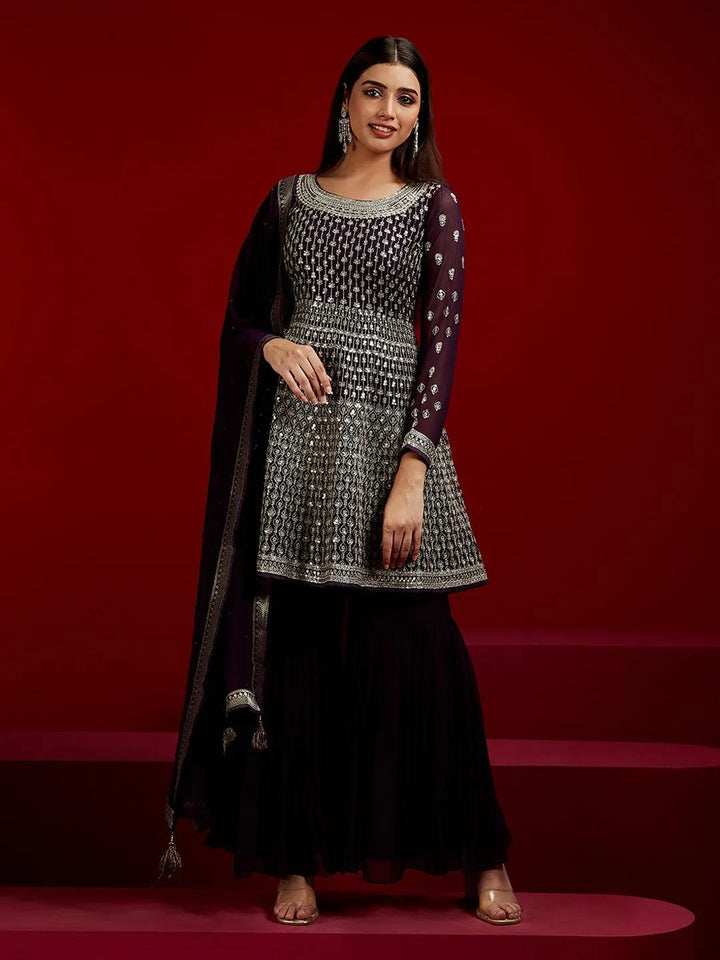 Libas Art Purple Embroidered Georgette A-Line Kurta With Sharara & Dupatta - Libas
