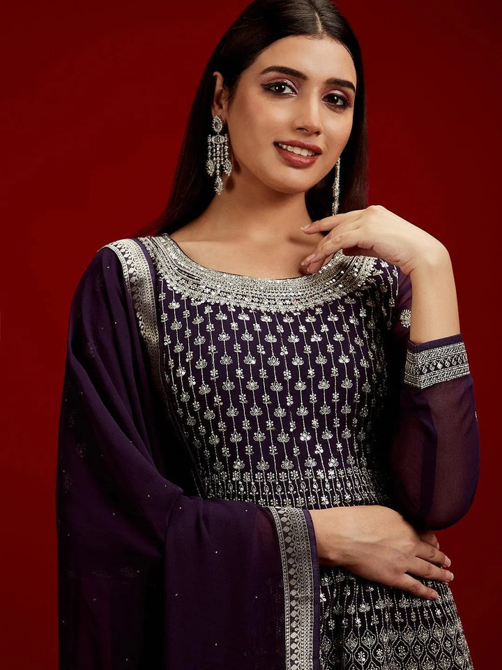 Libas Art Purple Embroidered Georgette A-Line Kurta With Sharara & Dupatta - Libas