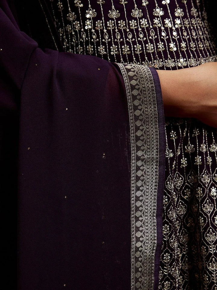 Libas Art Purple Embroidered Georgette A-Line Kurta With Sharara & Dupatta - Libas