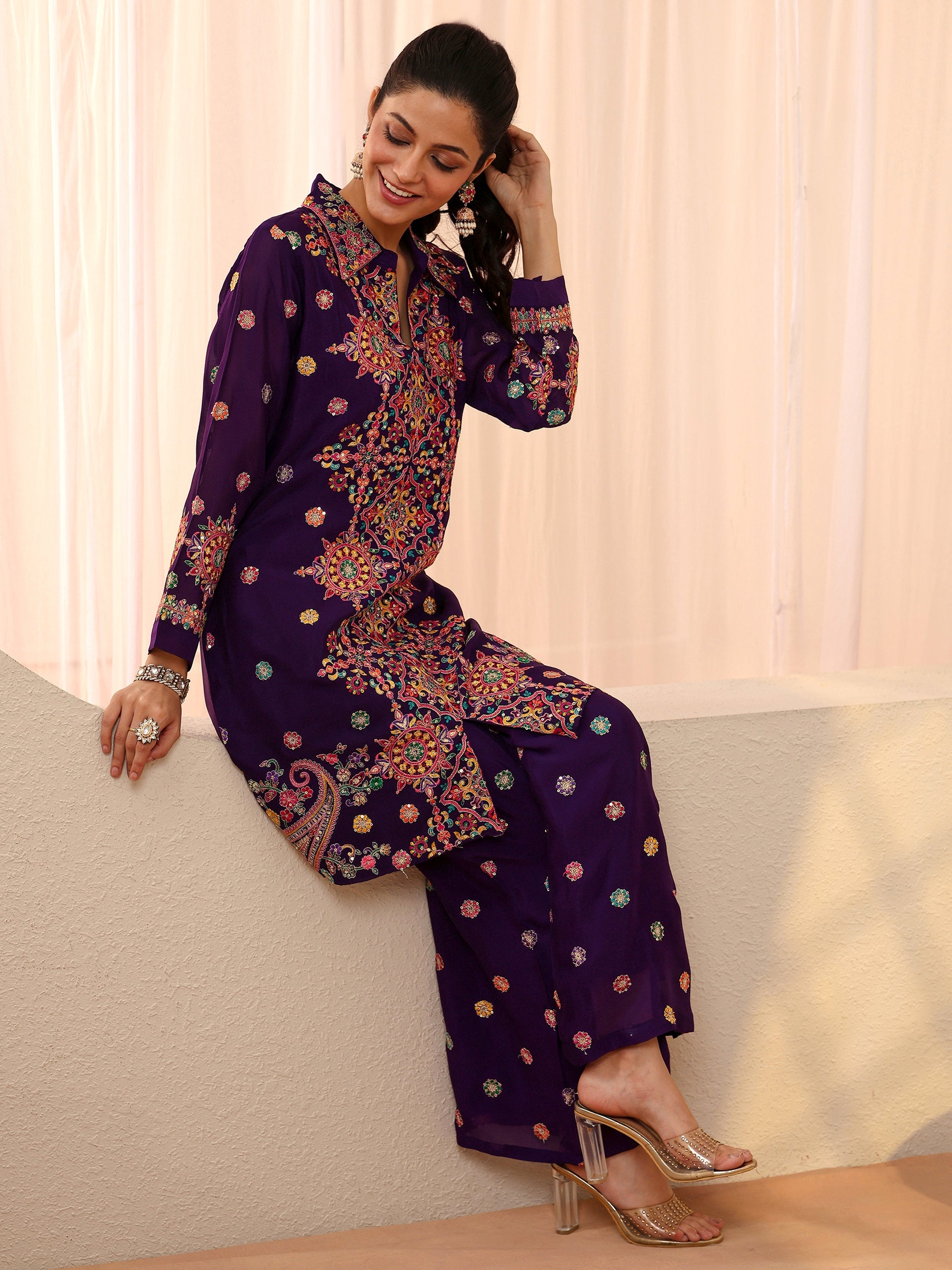 Libas Art Purple Ethnic Embroidered Crepe Co-Ord Set-picture-36
