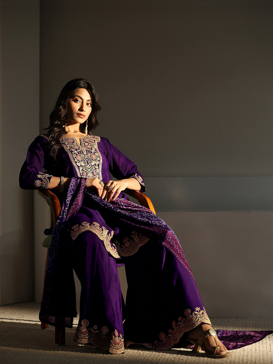 Libas Art Purple Floral Embellished Crepe Sharara Suit Set With Dupatta