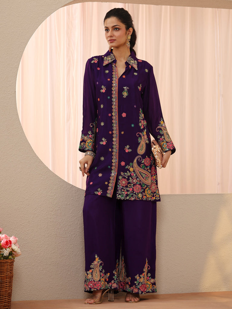 Libas Art Purple Floral Embroidered Crepe Co-Ord Set