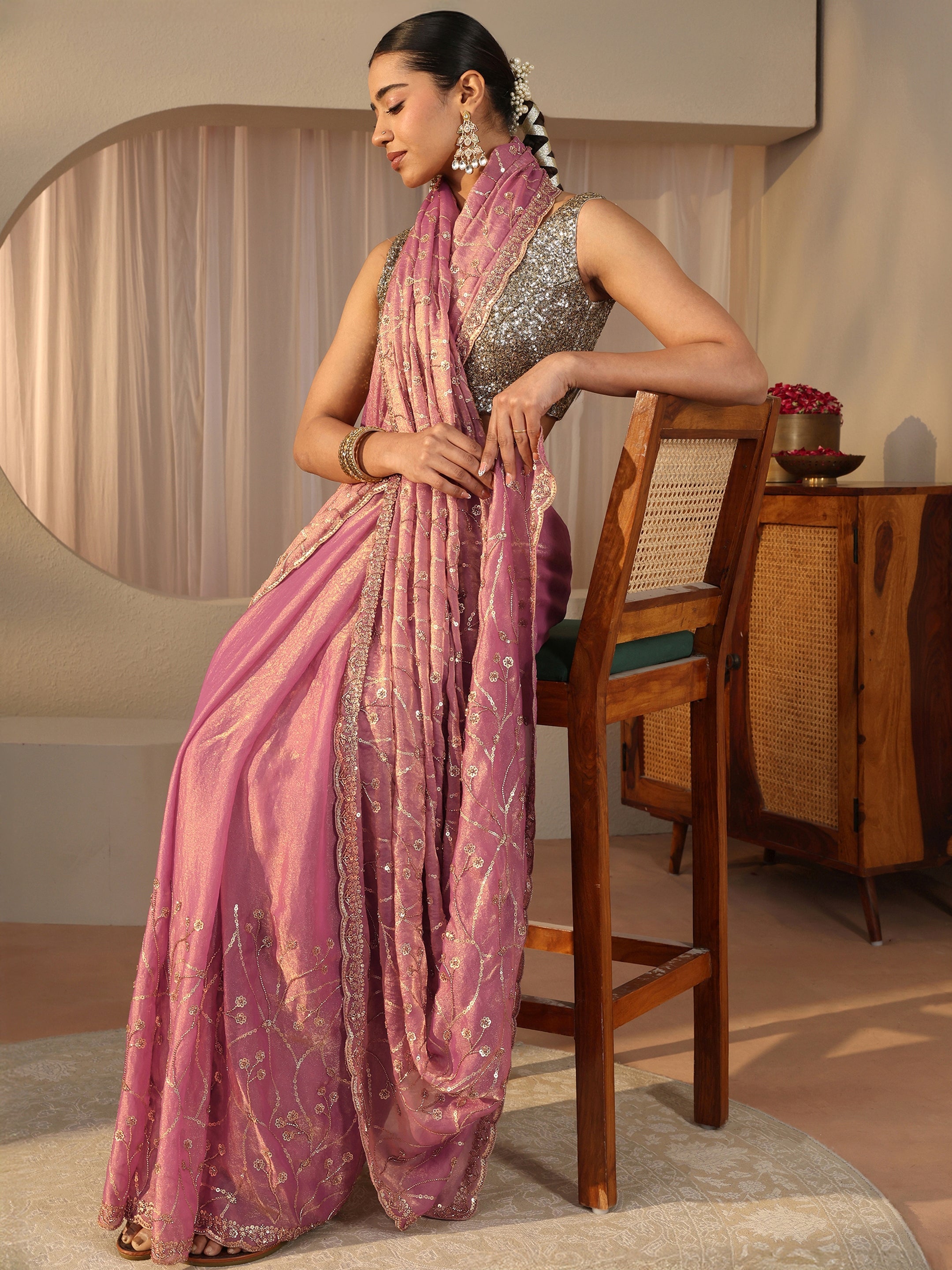 Libas Art Purple Floral Embroidered Tissue Saree-picture-38