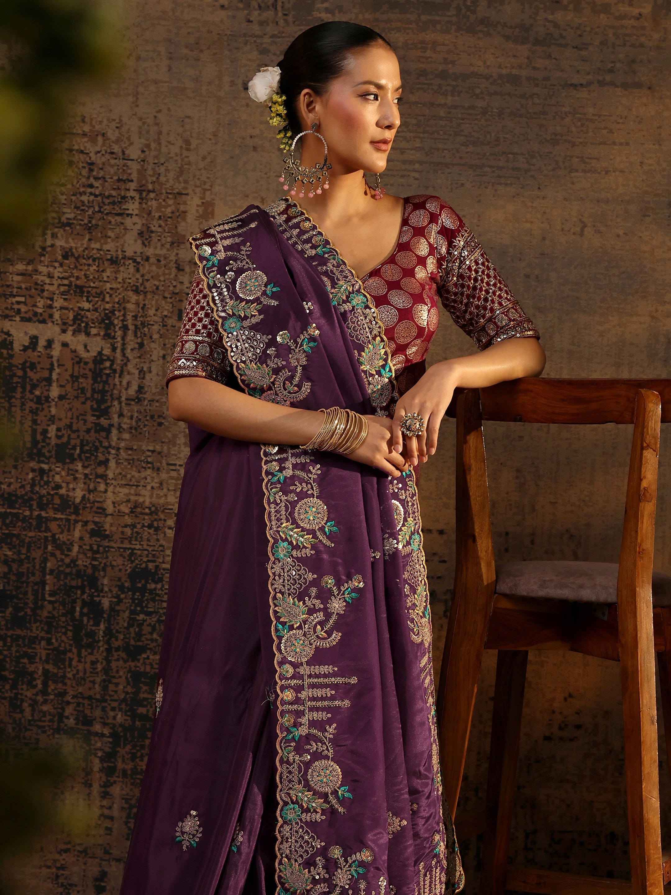 Libas Art Purple Floral Embroidered Tissue Saree With Unstitched Blouse Piece-picture-26