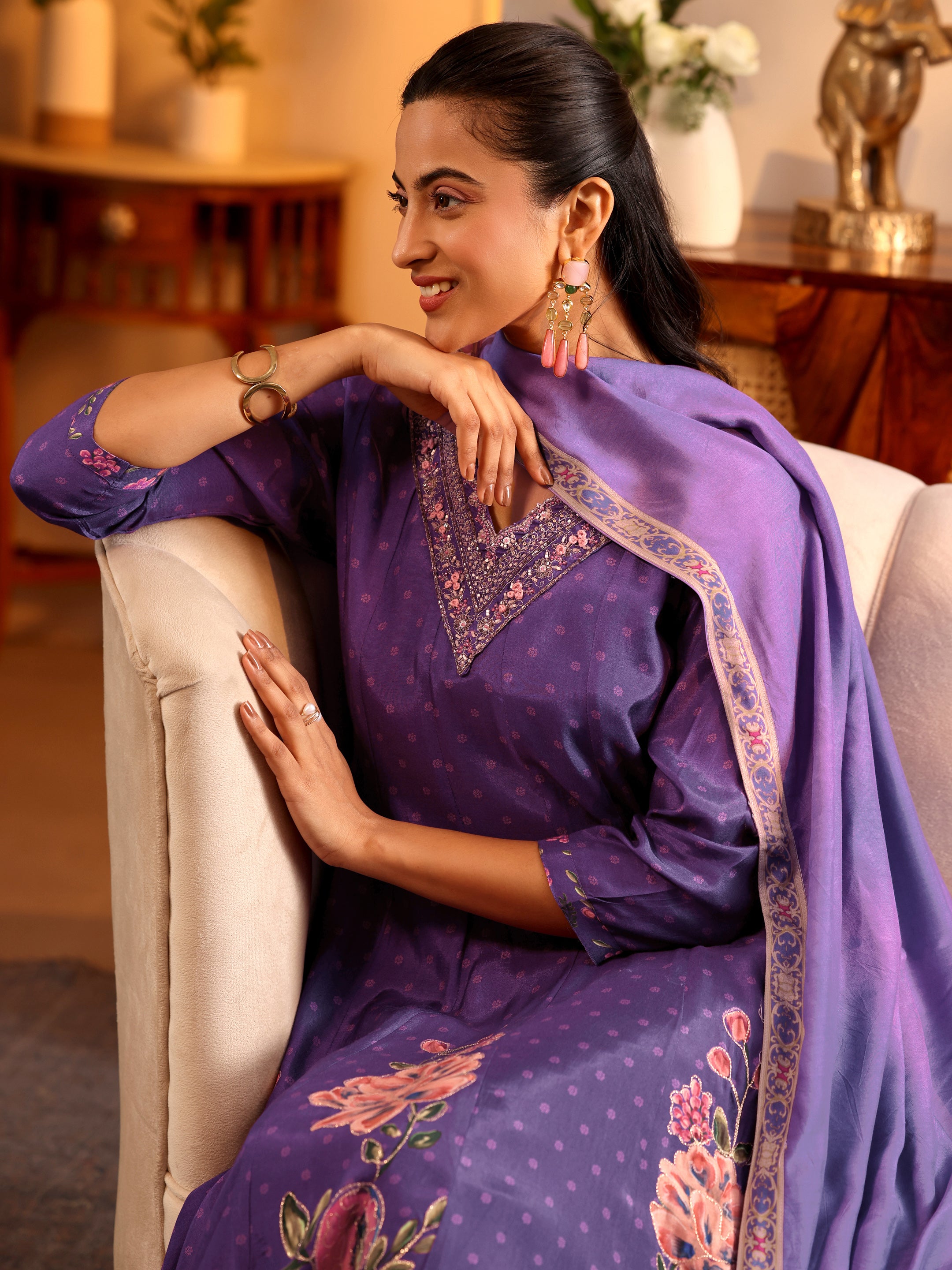 Purple Printed Muslin Anarkali Suit Set With Dupatta-image-38