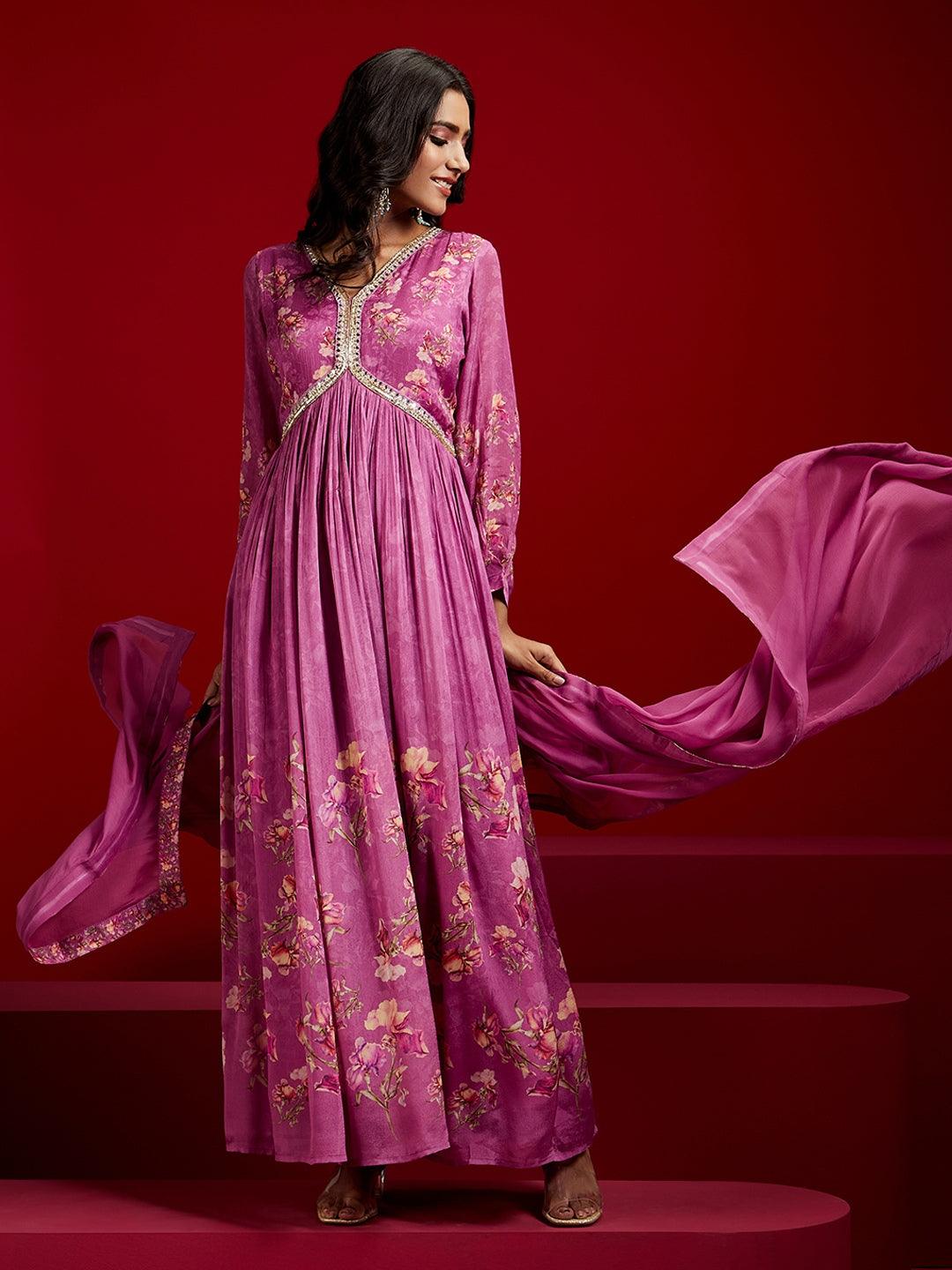 Libas Art Purple Printed Silk Anarkali Suit With Dupatta