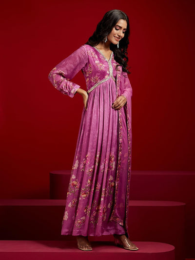 Libas Art Purple Printed Silk Chiffon Anarkali Kurta With Trousers & Dupatta - Libas