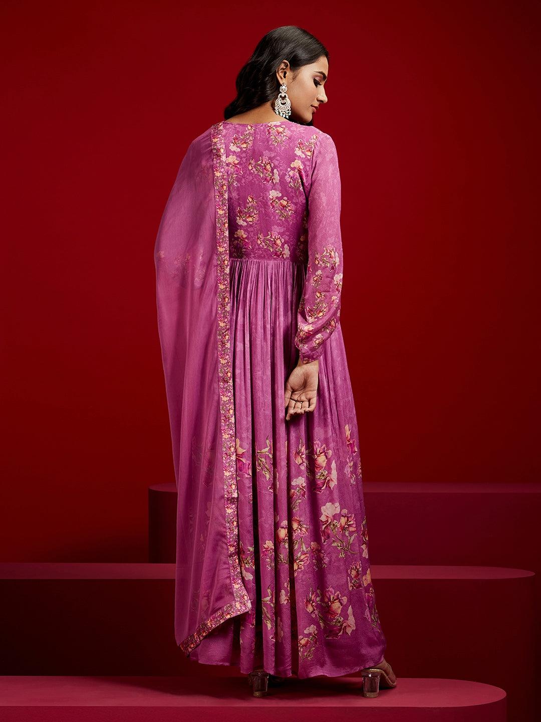 Libas Art Purple Printed Silk Anarkali Suit With Dupatta