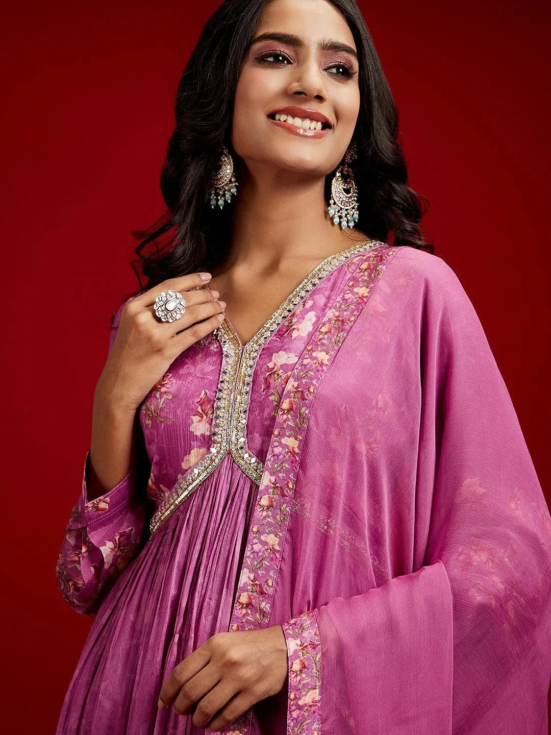 Libas Art Purple Printed Silk Anarkali Suit With Dupatta - Libas 
