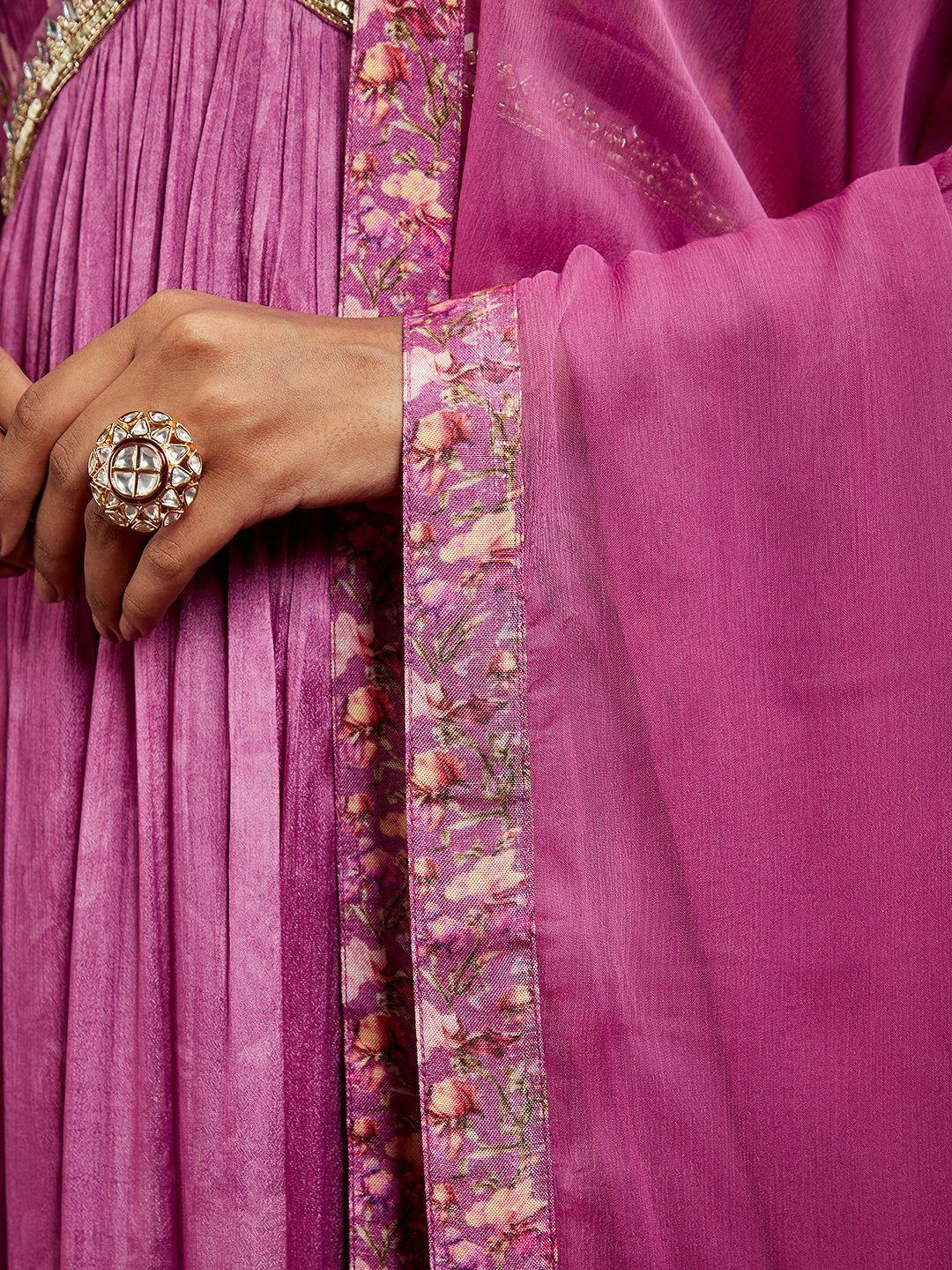 Libas Art Purple Printed Silk Anarkali Suit With Dupatta - Libas