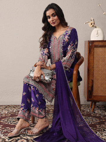 Purple Printed Silk Crepe Straight Suit Set With Dupatta