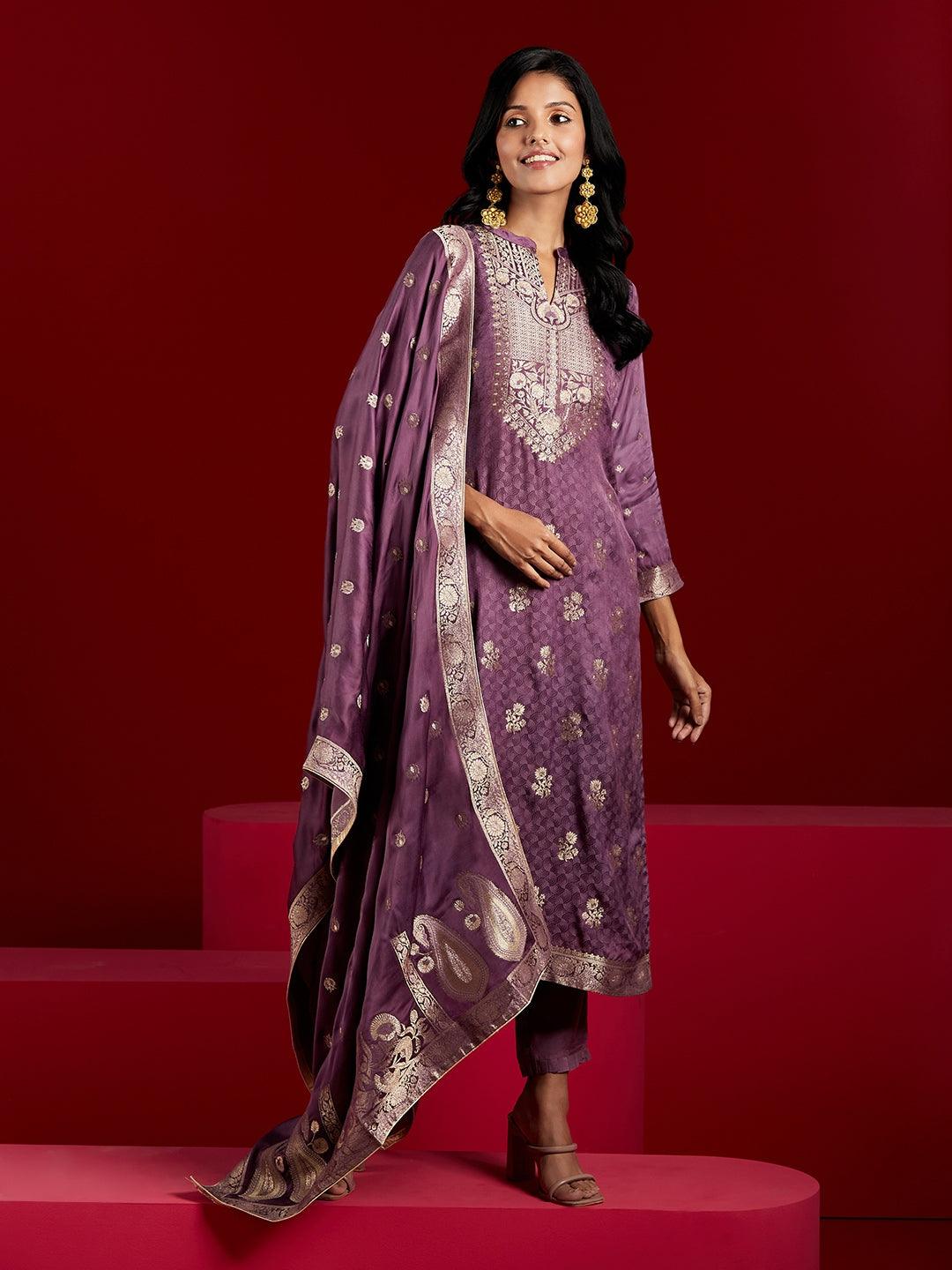Libas Art Purple Self Design Silk Straight Kurta With Trousers & Dupatta - Libas