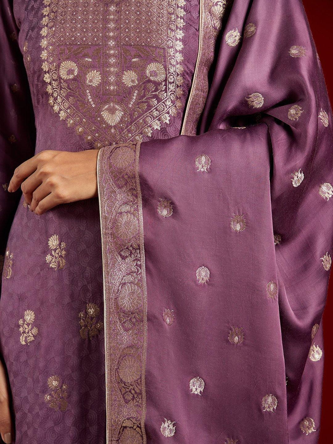 Libas Art Purple Self Design Silk Straight Kurta With Trousers & Dupatta - Libas