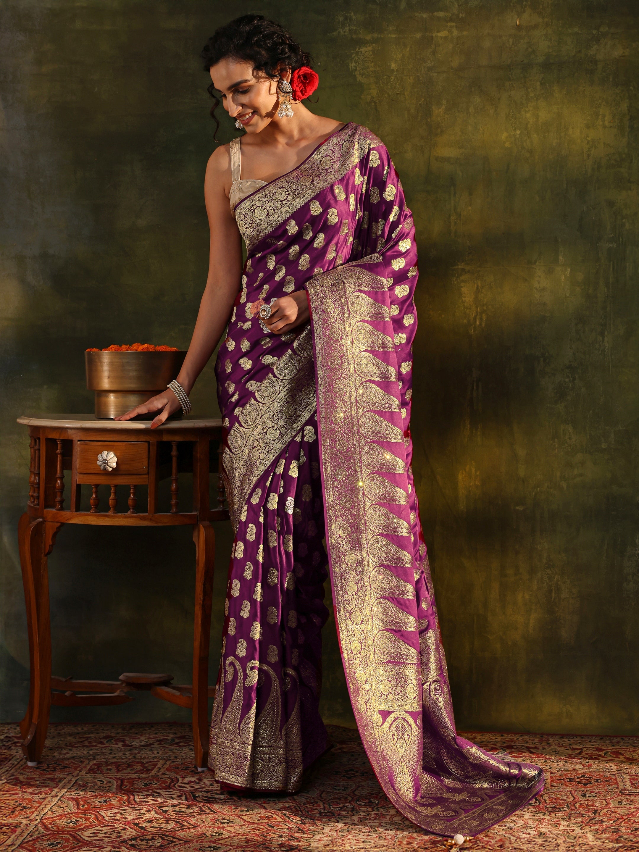 Libas Art Purple Woven Design Silk Blend Banarasi Saree With Unstitched Blouse Piece-picture-42