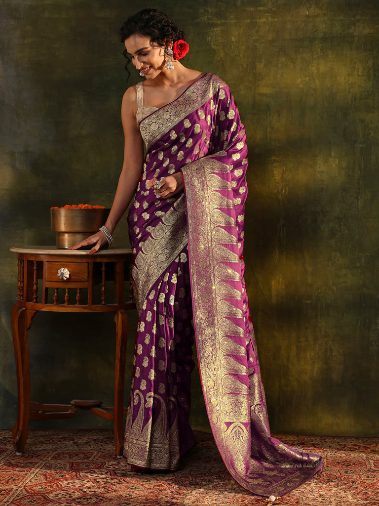 Libas Art Purple Woven Design Silk Blend Banarasi Saree With Unstitched Blouse Piece