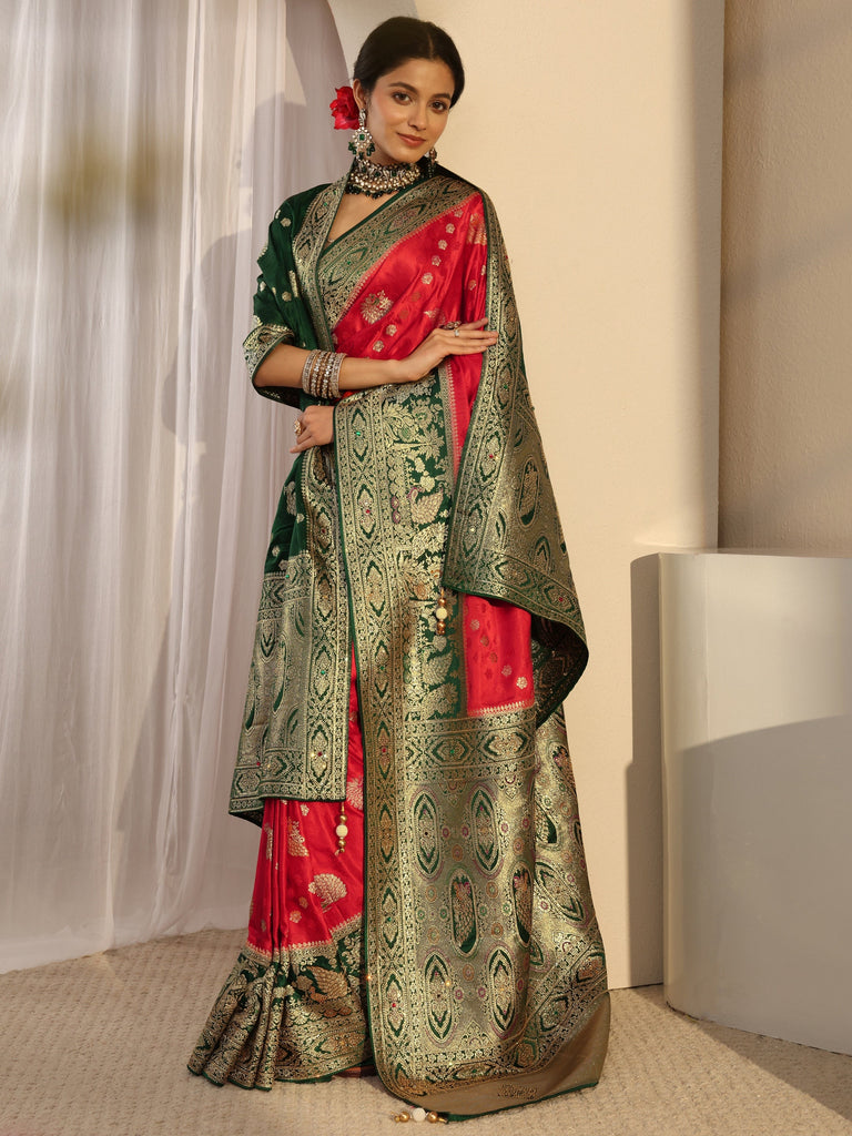 Libas Art Red Banarasi Satin Saree With Unstiched Blouse Piece And Dupatta