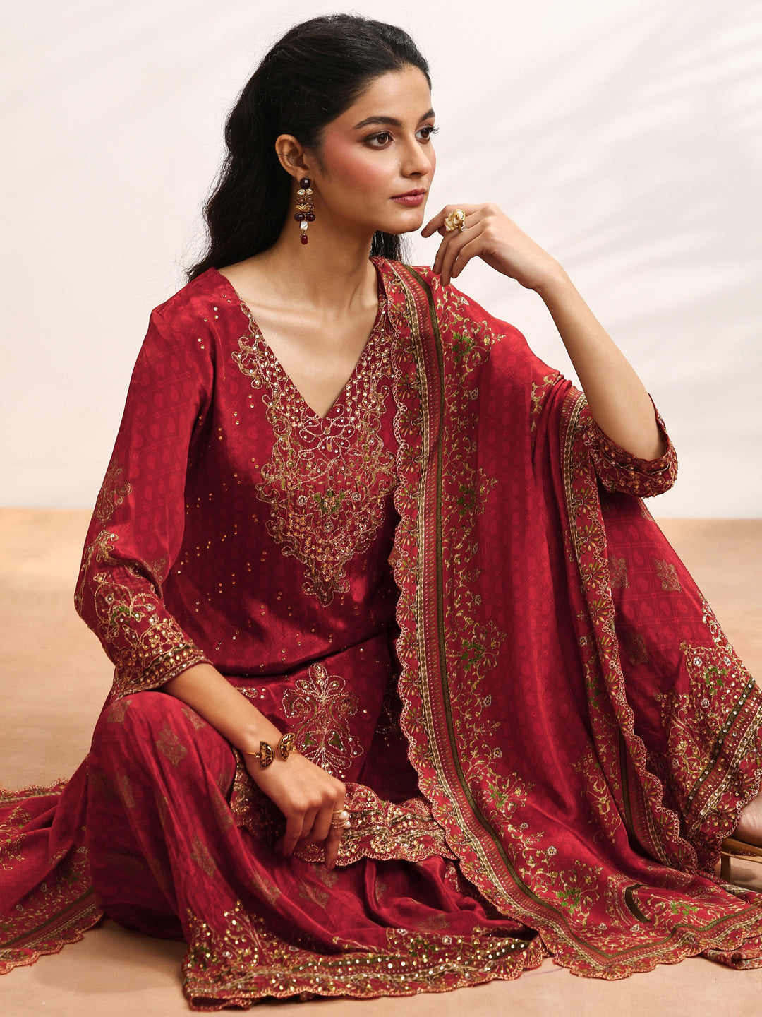 Libas Art Red Embellished Crepe Suit Set With Dupatta