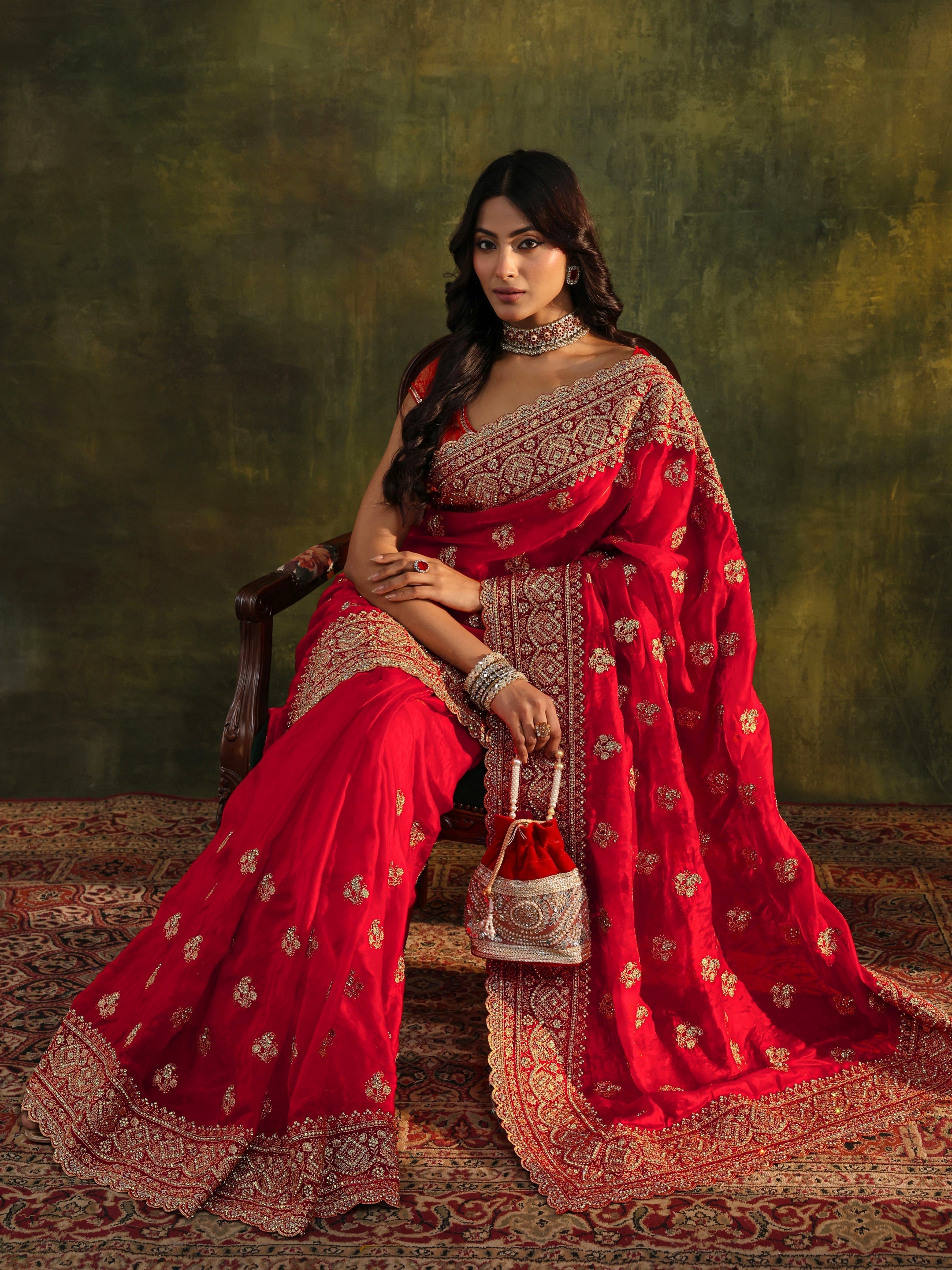 Libas Art Red Embellished Tissue Saree With Unstitched Blouse Piece-picture-24