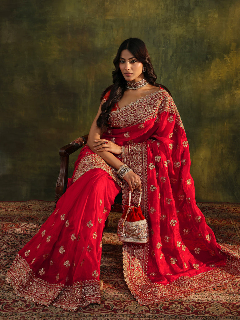 Libas Art Red Embellished Tissue Saree With Unstitched Blouse Piece