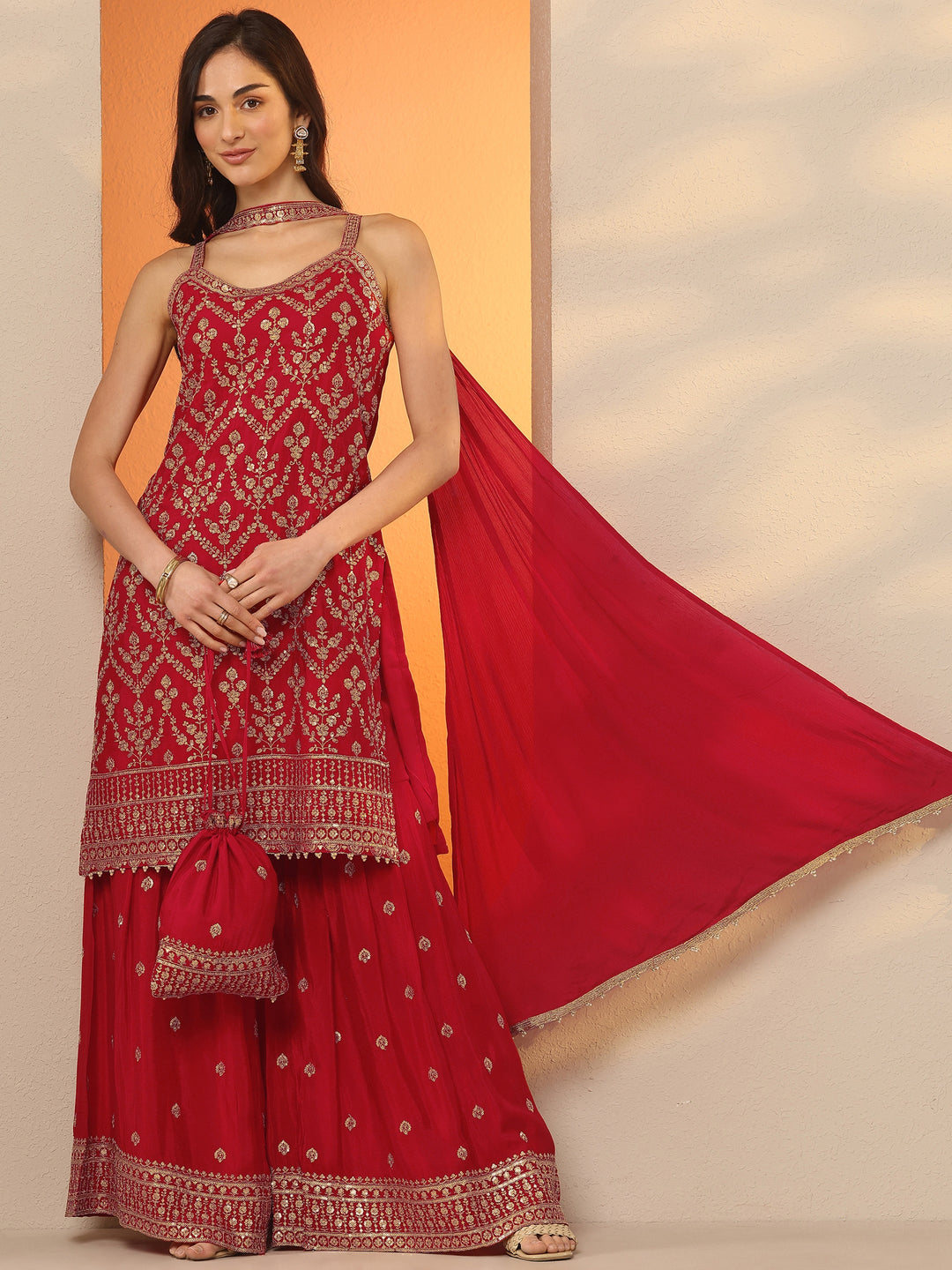 Libas Art Red Embroidered Chinon Straight Suit Set With Dupatta