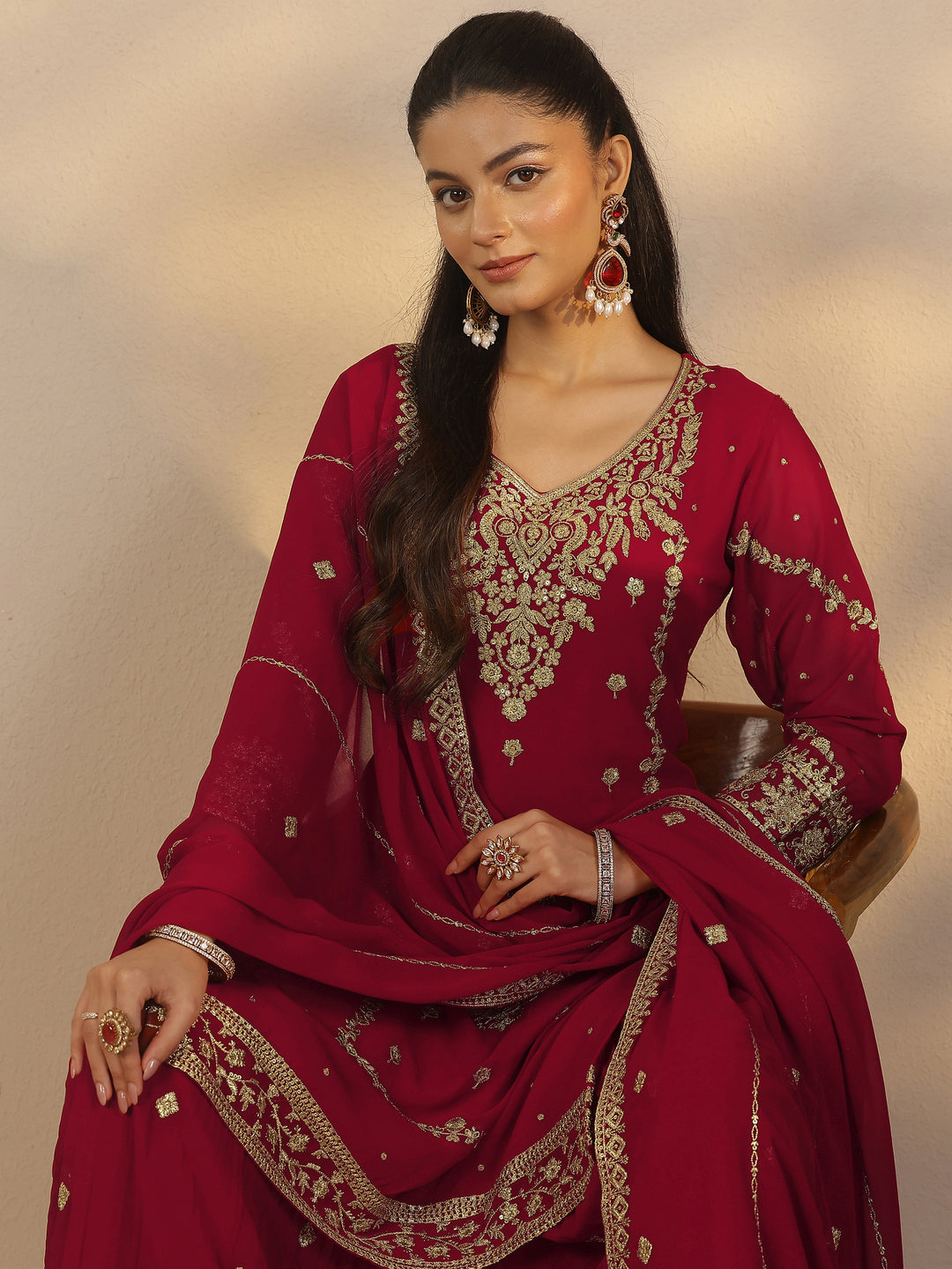 Libas Art Red Embroidered Georgette Straight Suit Set With Dupatta