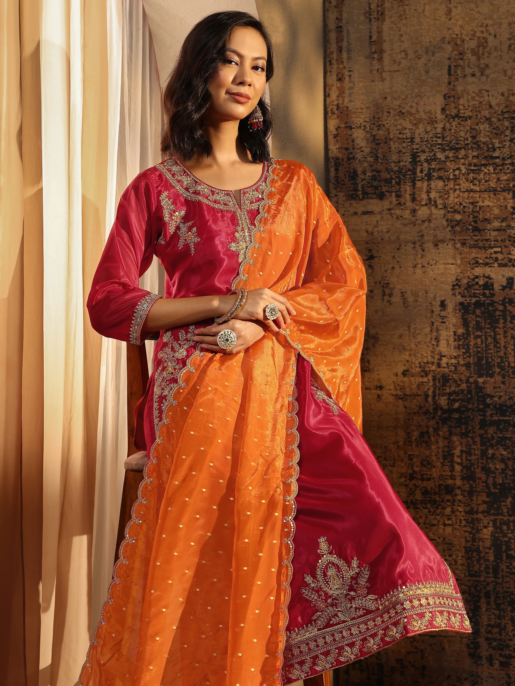 Libas Art Red Embroidered Organza Straight Suit Set With Dupatta-picture-26